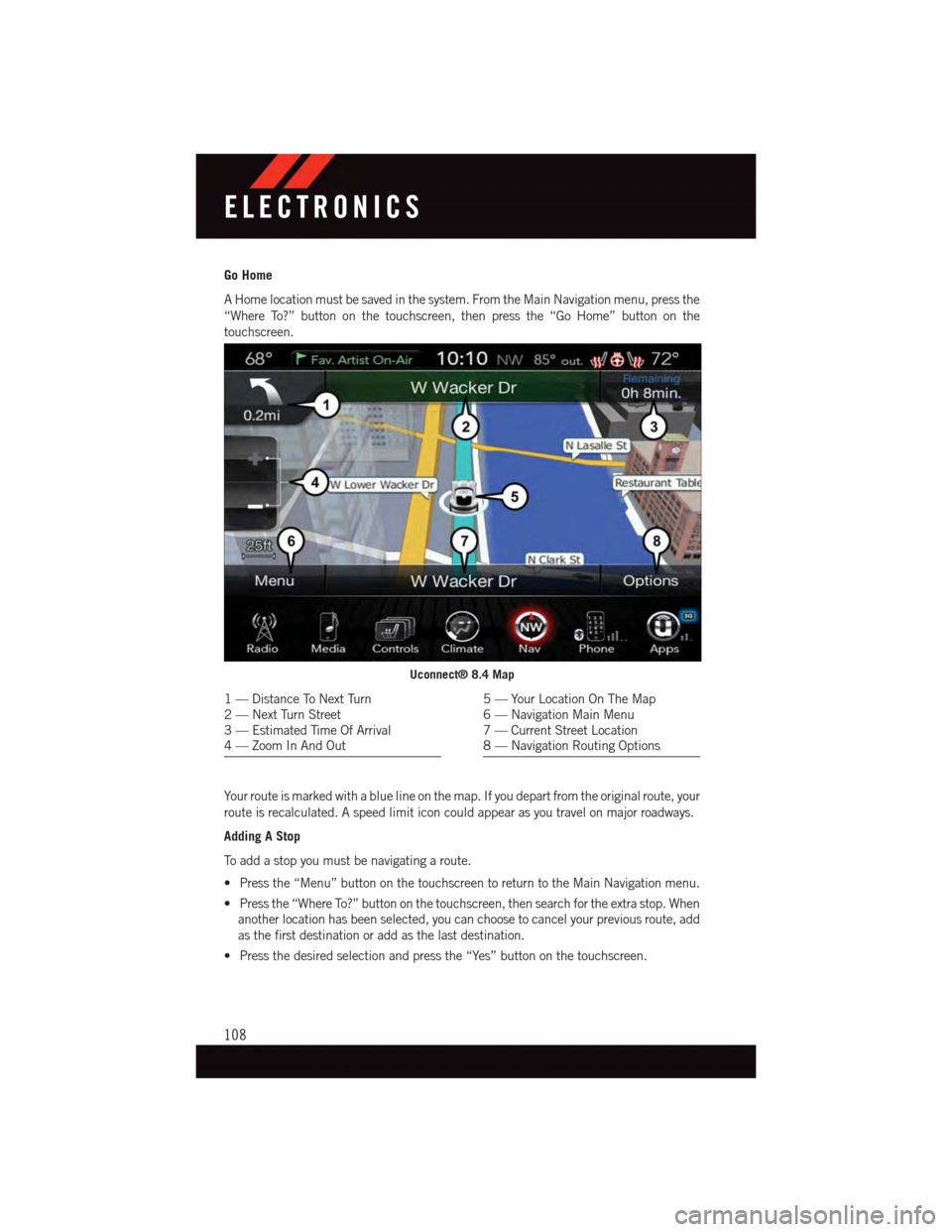 DODGE DURANGO 2015 3.G User Guide Go Home
AHomelocationmustbesavedinthesystem.FromtheMainNavigationmenu,pressthe
“Where To?” button on the touchscreen, then press the “Go Home” button on the
touchscreen.
Yo u r r o u t e i s m DODGE DURANGO 2015 3.G User Guide Go Home
AHomelocationmustbesavedinthesystem.FromtheMainNavigationmenu,pressthe
“Where To?” button on the touchscreen, then press the “Go Home” button on the
touchscreen.
Yo u r r o u t e i s m