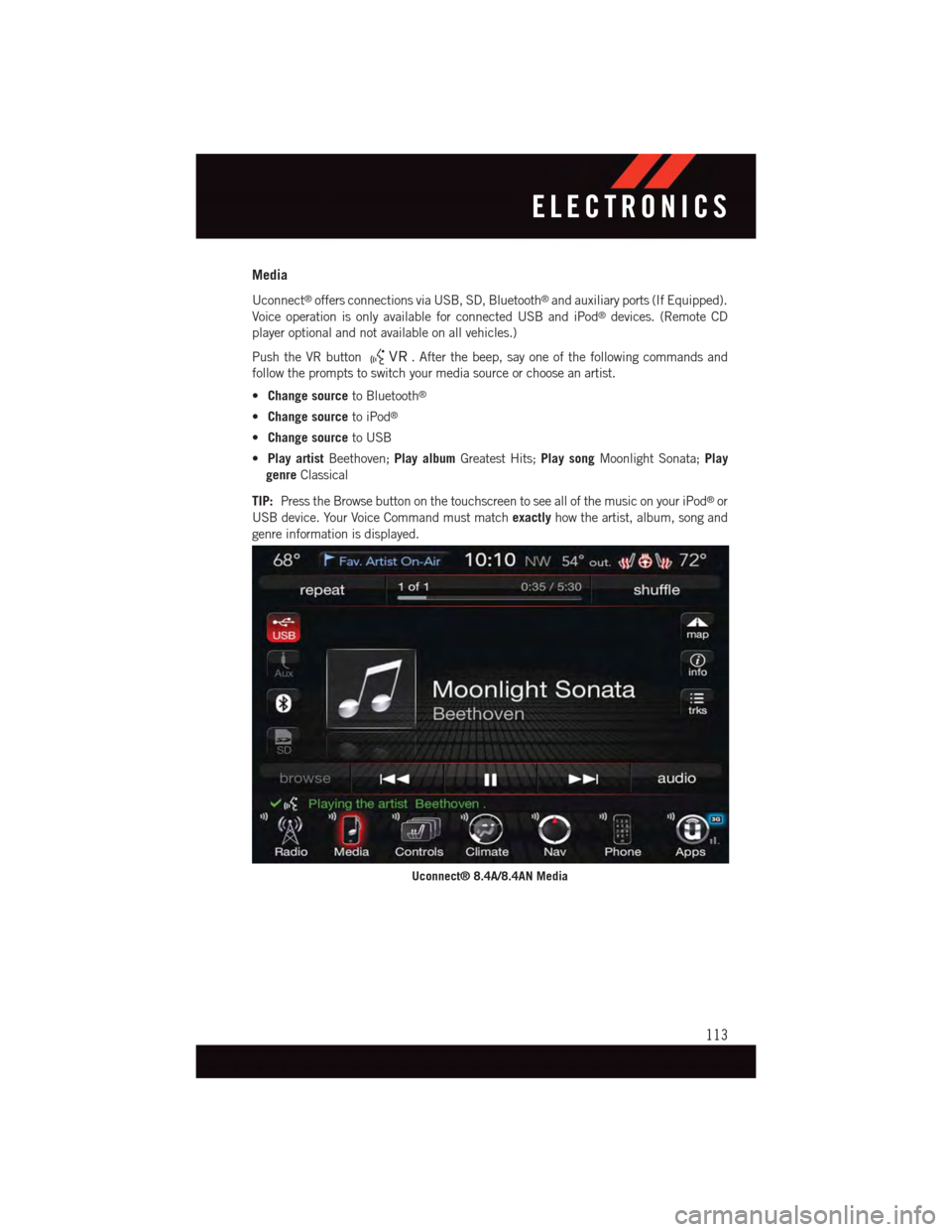 DODGE DURANGO 2015 3.G User Guide Media
Uconnect®offers connections via USB, SD, Bluetooth®and auxiliary ports (If Equipped).
Voice operation is only available for connected USB and iPod®devices. (Remote CD
player optional and not 