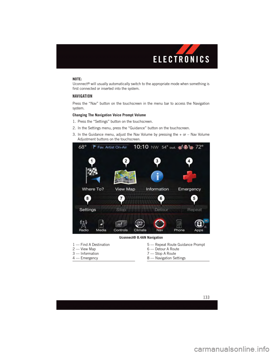DODGE DURANGO 2015 3.G Owners Manual NOTE:
Uconnect®will usually automatically switch to the appropriate mode when something is
first connected or inserted into the system.
NAVIGATION
Press the “Nav” button on the touchscreen in the DODGE DURANGO 2015 3.G Owners Manual NOTE:
Uconnect®will usually automatically switch to the appropriate mode when something is
first connected or inserted into the system.
NAVIGATION
Press the “Nav” button on the touchscreen in the