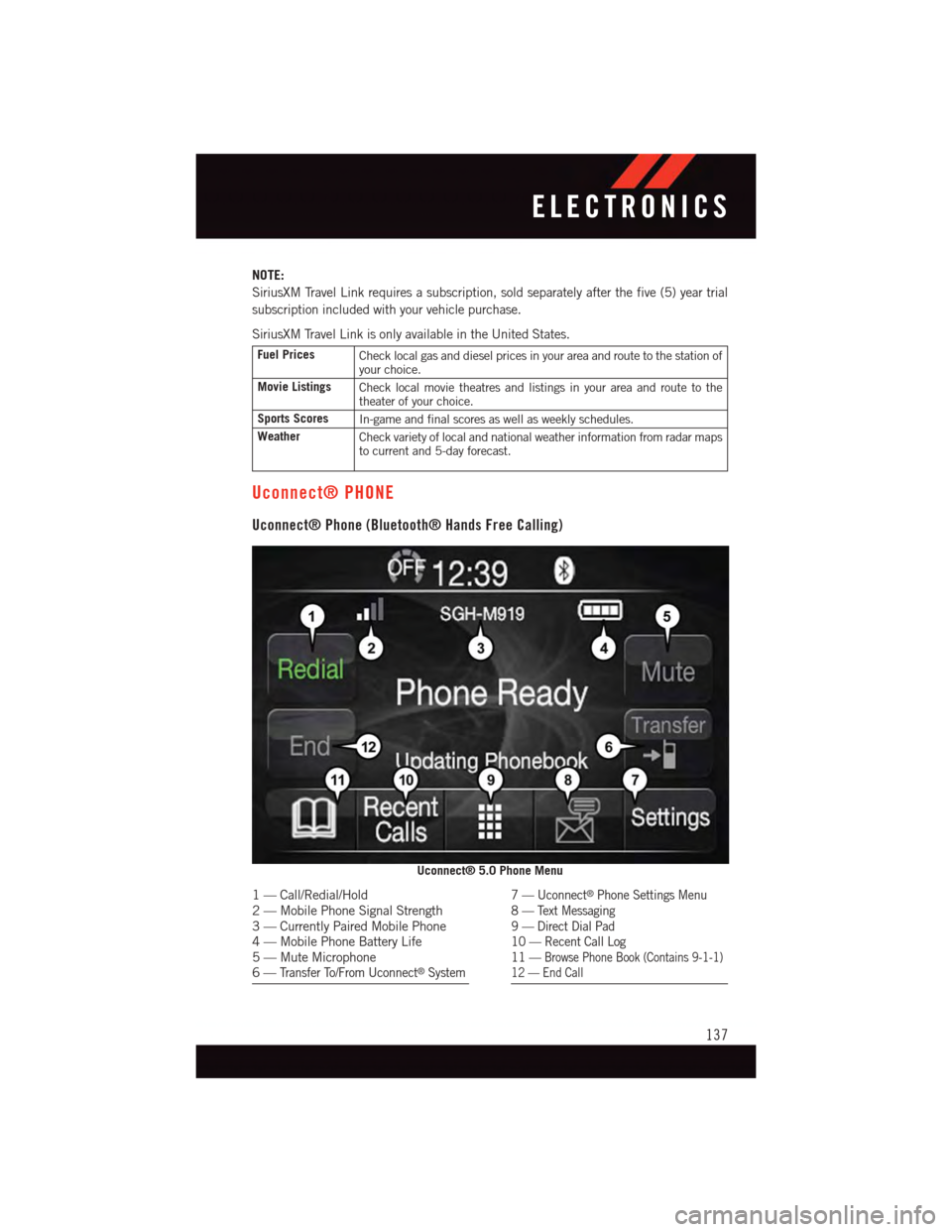 DODGE DURANGO 2015 3.G User Guide NOTE:
SiriusXM Travel Link requires a subscription, sold separately after the five (5) year trial
subscription included with your vehicle purchase.
SiriusXM Travel Link is only available in the United