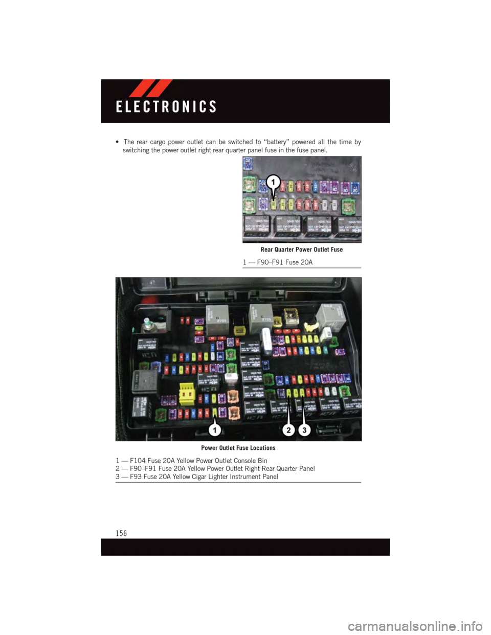 DODGE DURANGO 2015 3.G User Guide •Therearcargopoweroutletcanbeswitchedto“battery”poweredallthetimeby
switching the power outlet right rear quarter panel fuse in the fuse panel.
Rear Quarter Power Outlet Fuse
1—F90–F91Fuse20 DODGE DURANGO 2015 3.G User Guide •Therearcargopoweroutletcanbeswitchedto“battery”poweredallthetimeby
switching the power outlet right rear quarter panel fuse in the fuse panel.
Rear Quarter Power Outlet Fuse
1—F90–F91Fuse20