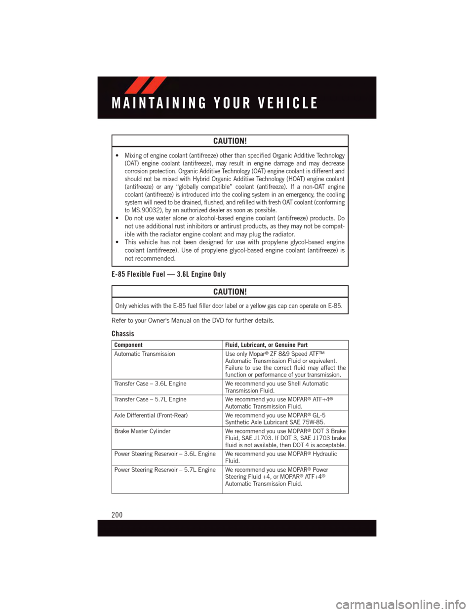 DODGE DURANGO 2015 3.G Owners Manual CAUTION!
•Mixing of engine coolant (antifreeze) other than specified Organic Additive Technology
(OAT) engine coolant (antifreeze), may result in engine damage and may decrease
corrosion protection.