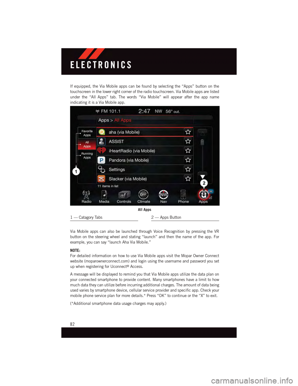 DODGE DURANGO 2015 3.G Manual Online If equipped, the Via Mobile apps can be found by selecting the “Apps” button on the
touchscreen in the lower right corner of the radio touchscreen. Via Mobile apps are listed
under the “All Apps DODGE DURANGO 2015 3.G Manual Online If equipped, the Via Mobile apps can be found by selecting the “Apps” button on the
touchscreen in the lower right corner of the radio touchscreen. Via Mobile apps are listed
under the “All Apps