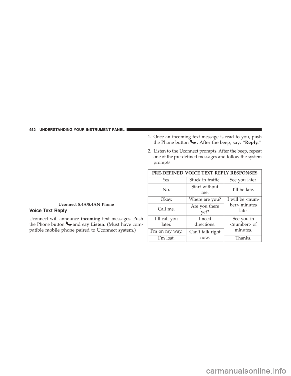 DODGE DURANGO 2016 3.G Owners Manual Voice Text Reply
Uconnect will announceincomingtext messages. Push
the Phone button
and say Listen.(Must have com-
patible mobile phone paired to Uconnect system.)
1. Once an incoming text message is 