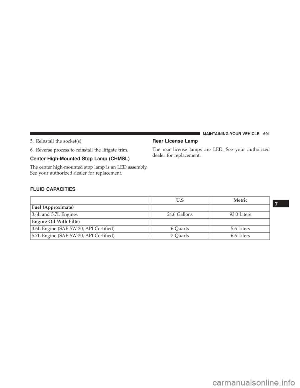 DODGE DURANGO 2016 3.G Owners Manual 5. Reinstall the socket(s)
6. Reverse process to reinstall the liftgate trim.
Center High-Mounted Stop Lamp (CHMSL)
The center high-mounted stop lamp is an LED assembly.
See your authorized dealer for