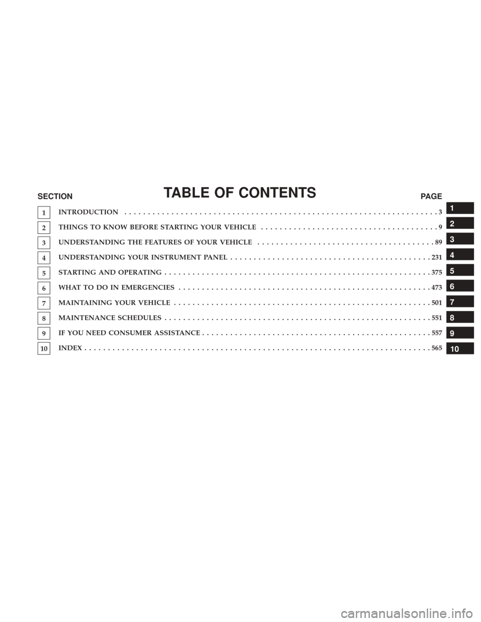 DODGE DURANGO 2017 3.G Owners Manual TABLE OF CONTENTSSECTIONPAGE
1INTRODUCTION
...................................................................3
2THINGS TO KNOW BEFORE STARTING YOUR VEHICLE
......................................9
3UN