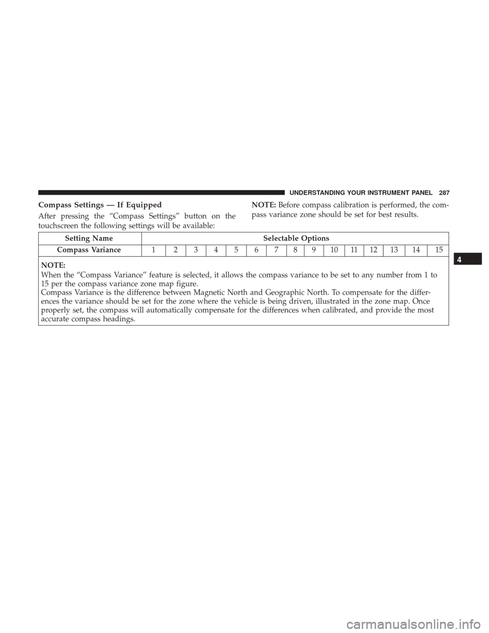 DODGE DURANGO 2017 3.G Owners Manual Compass Settings — If Equipped
After pressing the “Compass Settings” button on the
touchscreen the following settings will be available:NOTE:
Before compass calibration is performed, the com-
pa