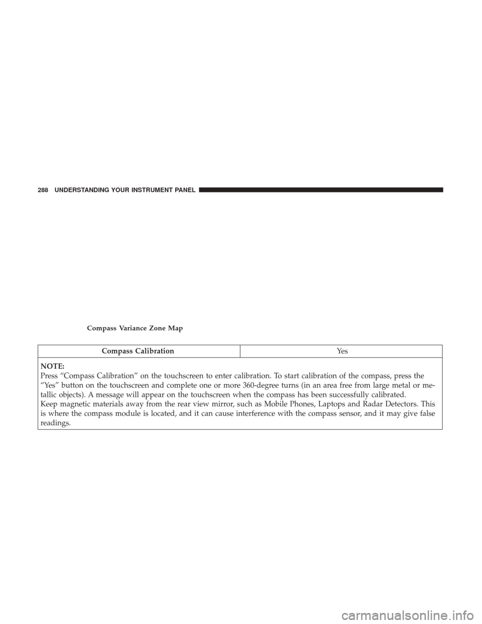 DODGE DURANGO 2017 3.G Owners Manual Compass CalibrationYe s
NOTE:
Press “Compass Calibration” on the touchscreen to enter calibration. To start calibration of the compass, press the
“Yes” button on the touchscreen and complete o DODGE DURANGO 2017 3.G Owners Manual Compass CalibrationYe s
NOTE:
Press “Compass Calibration” on the touchscreen to enter calibration. To start calibration of the compass, press the
“Yes” button on the touchscreen and complete o