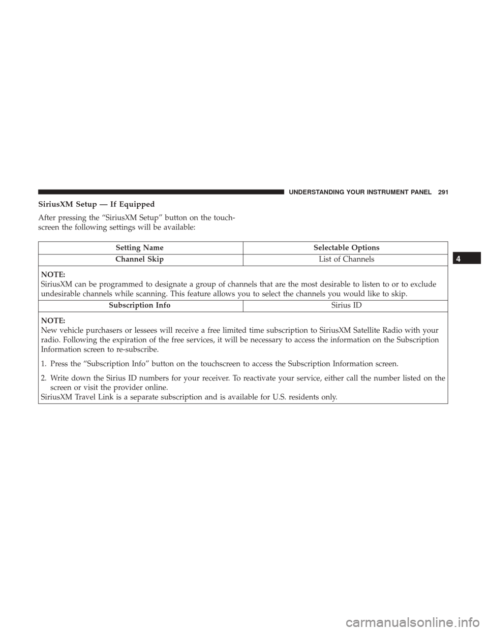 DODGE DURANGO 2017 3.G Owners Manual SiriusXM Setup — If Equipped
After pressing the “SiriusXM Setup” button on the touch-
screen the following settings will be available:
Setting NameSelectable Options
Channel Skip List of Channel