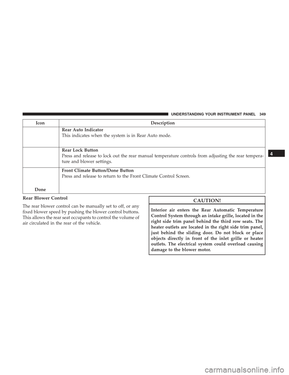DODGE DURANGO 2017 3.G Service Manual IconDescription
Rear Auto Indicator
This indicates when the system is in Rear Auto mode.
Rear Lock Button
Press and release to lock out the rear manual temperature controls from adjusting the rear tem DODGE DURANGO 2017 3.G Service Manual IconDescription
Rear Auto Indicator
This indicates when the system is in Rear Auto mode.
Rear Lock Button
Press and release to lock out the rear manual temperature controls from adjusting the rear tem