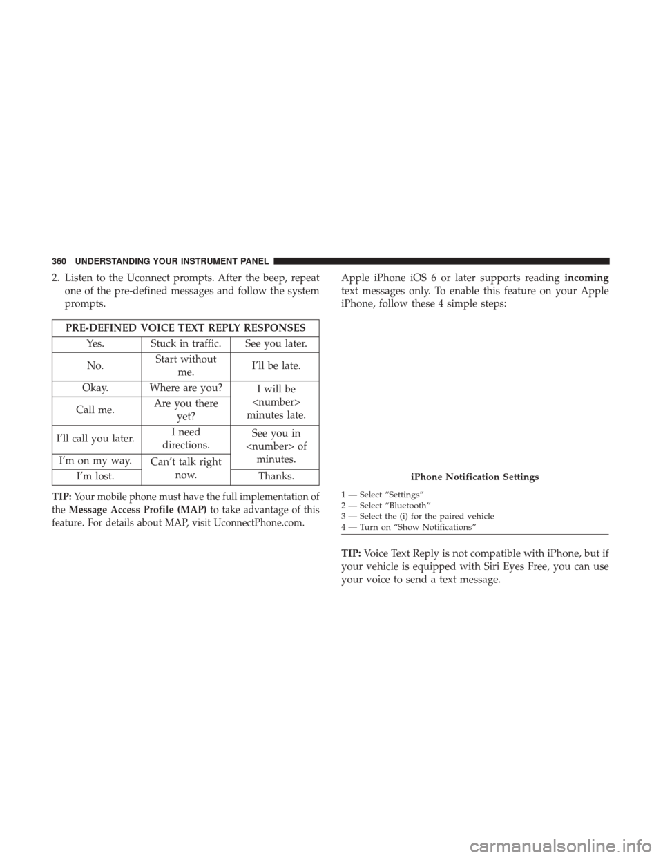 DODGE DURANGO 2017 3.G Owners Manual 2. Listen to the Uconnect prompts. After the beep, repeatone of the pre-defined messages and follow the system
prompts.
PRE-DEFINED VOICE TEXT REPLY RESPONSES
Yes. Stuck in traffic. See you later.
No.