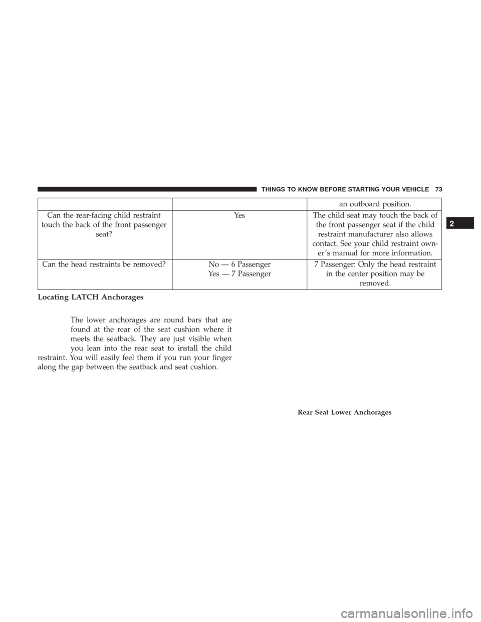 DODGE DURANGO 2017 3.G Manual PDF an outboard position.
Can the rear-facing child restraint
touch the back of the front passenger seat? Yes The child seat may touch the back of
the front passenger seat if the childrestraint manufactur
