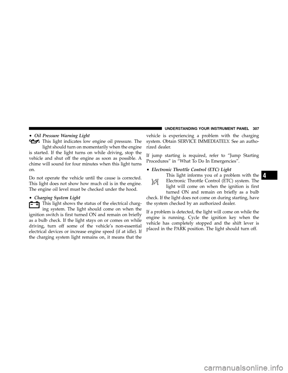 DODGE GRAND CARAVAN 2012 5.G Owners Manual •Oil Pressure Warning LightThis light indicates low engine oil pressure. The
light should turn on momentarily when the engine
is started. If the light turns on while driving, stop the
vehicle and sh