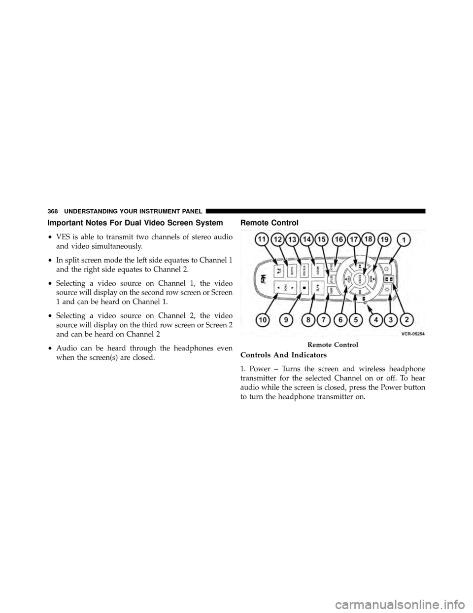 DODGE GRAND CARAVAN 2012 5.G Service Manual Important Notes For Dual Video Screen System
•
VES is able to transmit two channels of stereo audio
and video simultaneously.
•In split screen mode the left side equates to Channel 1
and the right