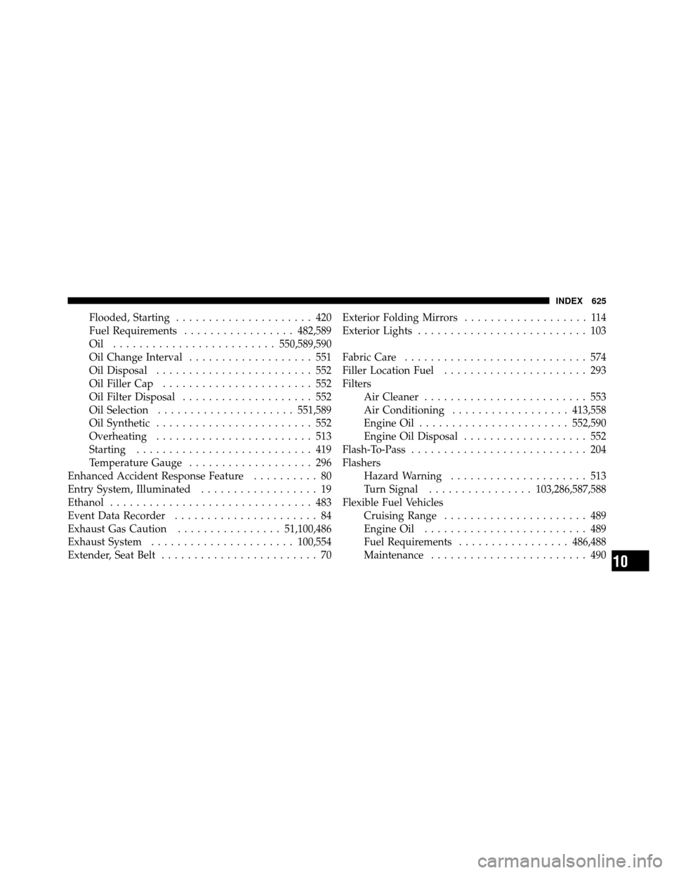 DODGE GRAND CARAVAN 2012 5.G Owners Manual Flooded, Starting..................... 420
Fuel Requirements ................. 482,589
Oil ......................... 550,589,590
Oil Change Interval ................... 551
Oil Disposal ..............