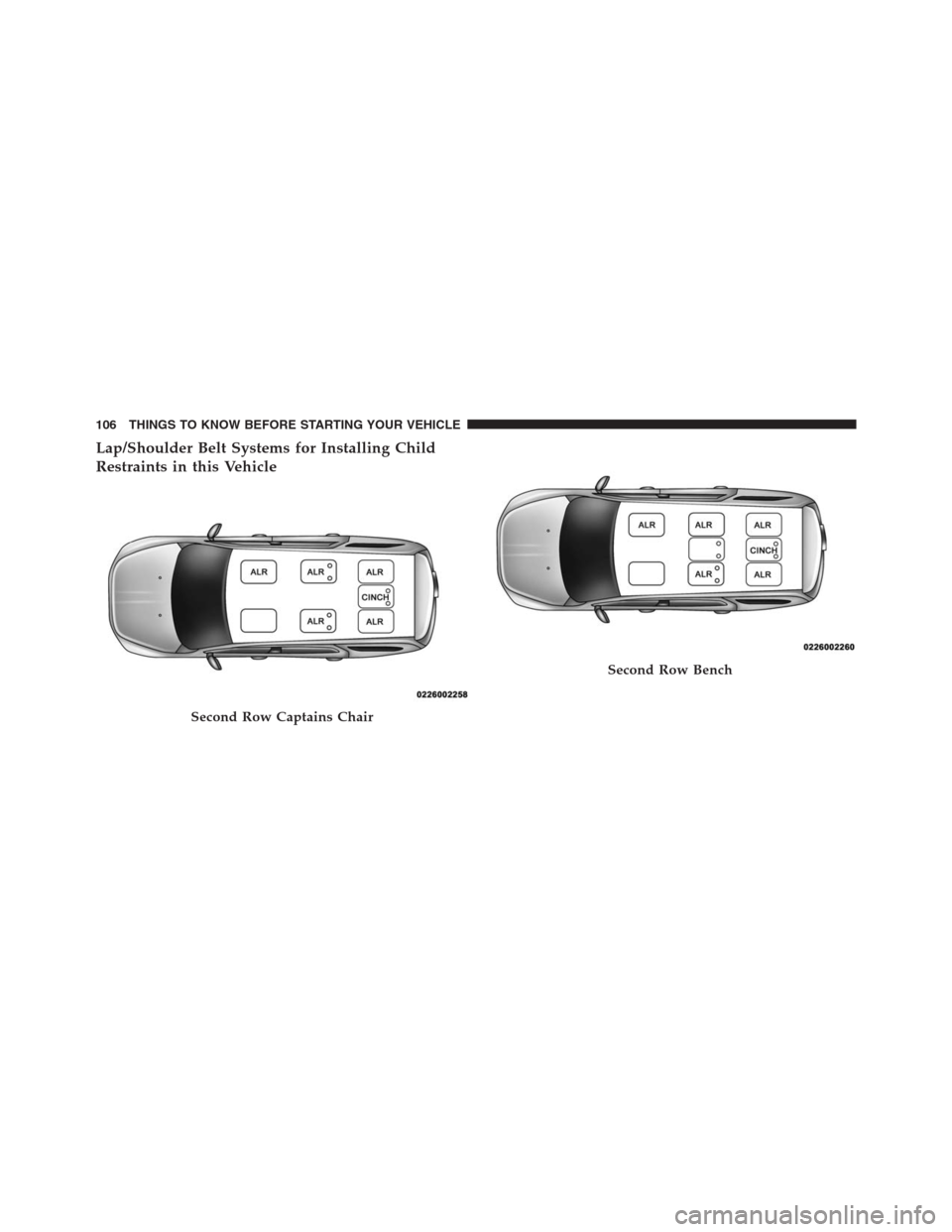 DODGE GRAND CARAVAN 2013 5.G Owners Manual Lap/Shoulder Belt Systems for Installing Child
Restraints in this Vehicle
Second Row Captains Chair
Second Row Bench
106 THINGS TO KNOW BEFORE STARTING YOUR VEHICLE DODGE GRAND CARAVAN 2013 5.G Owners Manual Lap/Shoulder Belt Systems for Installing Child
Restraints in this Vehicle
Second Row Captains Chair
Second Row Bench
106 THINGS TO KNOW BEFORE STARTING YOUR VEHICLE