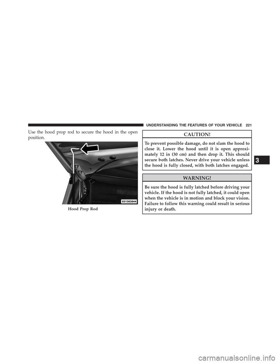 DODGE GRAND CARAVAN 2013 5.G Owners Manual Use the hood prop rod to secure the hood in the open
position.CAUTION!
To prevent possible damage, do not slam the hood to
close it. Lower the hood until it is open approxi-
mately 12 in (30 cm) and t DODGE GRAND CARAVAN 2013 5.G Owners Manual Use the hood prop rod to secure the hood in the open
position.CAUTION!
To prevent possible damage, do not slam the hood to
close it. Lower the hood until it is open approxi-
mately 12 in (30 cm) and t