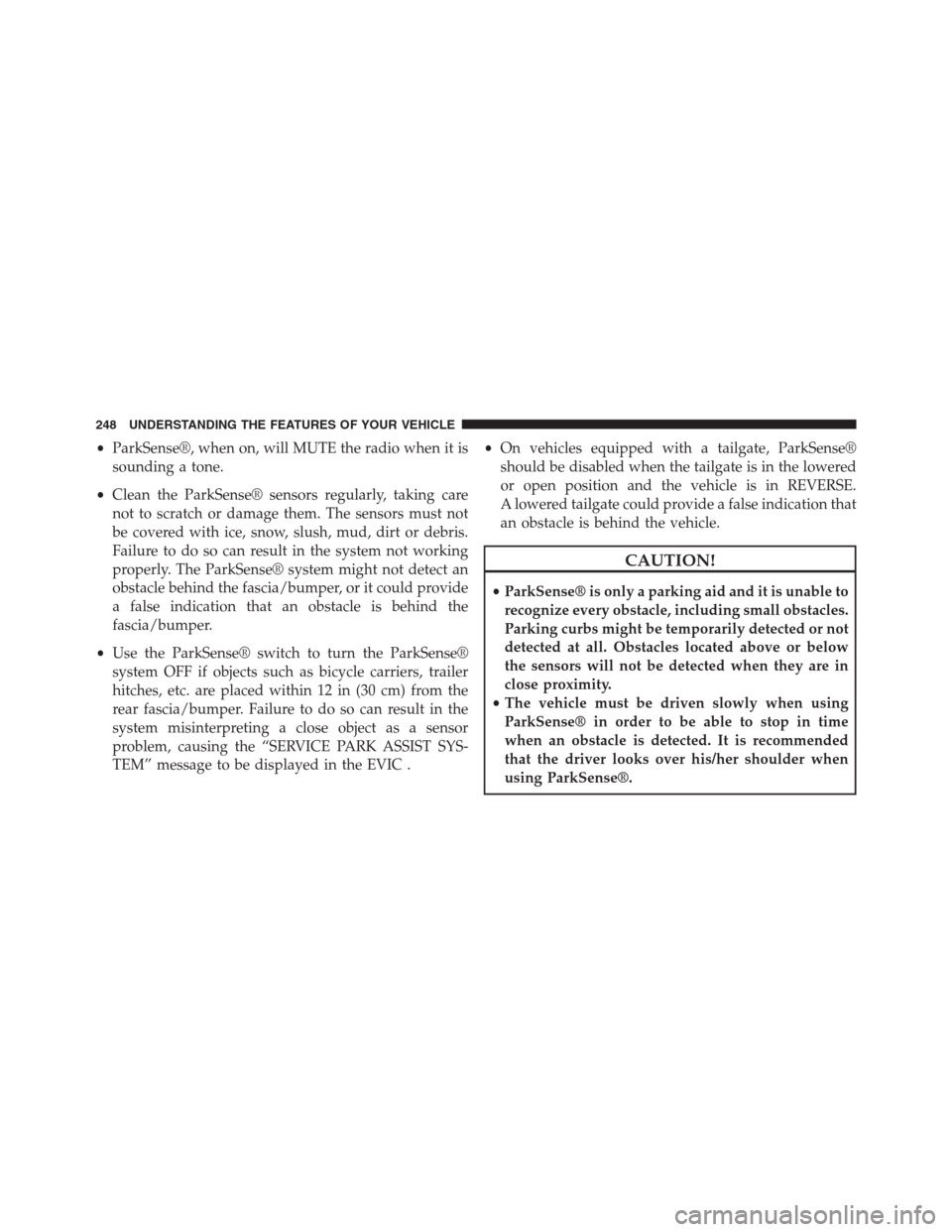 DODGE GRAND CARAVAN 2013 5.G Owners Manual •ParkSense®, when on, will MUTE the radio when it is
sounding a tone.
•Clean the ParkSense® sensors regularly, taking care
not to scratch or damage them. The sensors must not
be covered with ice