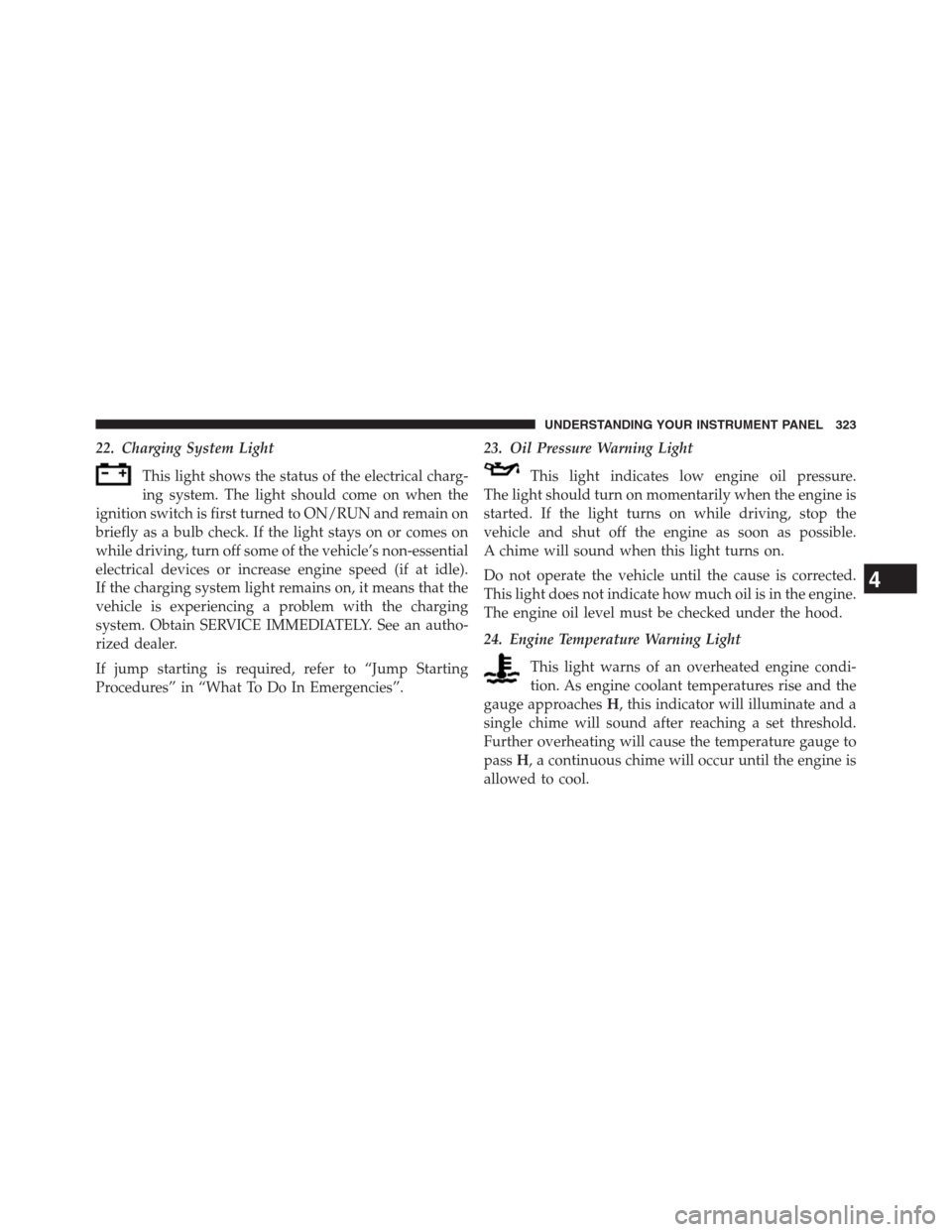 DODGE GRAND CARAVAN 2013 5.G Owners Manual 22. Charging System Light
This light shows the status of the electrical charg-
ing system. The light should come on when the
ignition switch is first turned to ON/RUN and remain on
briefly as a bulb c