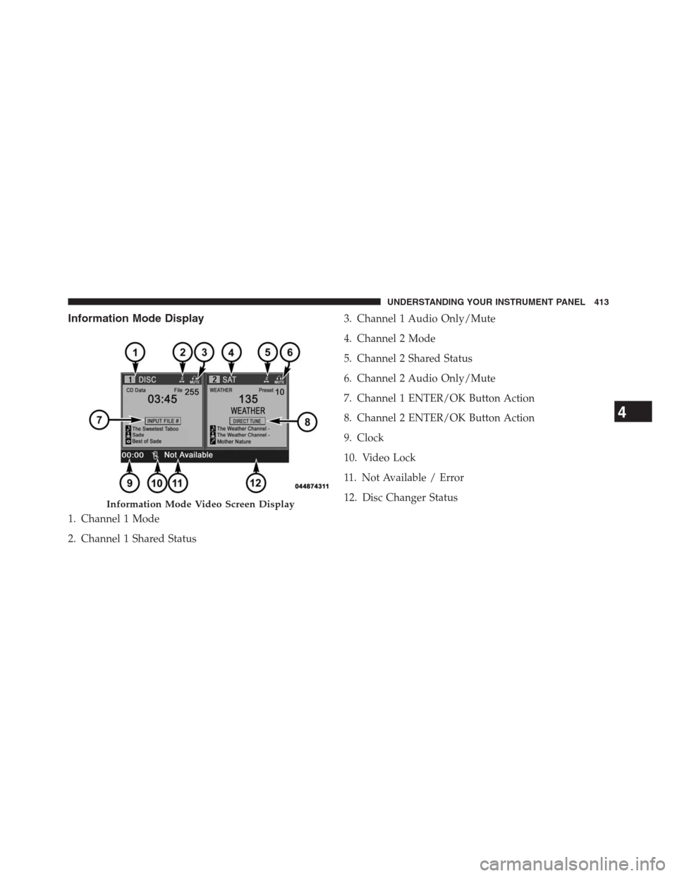 DODGE GRAND CARAVAN 2013 5.G Owners Manual Information Mode Display
1. Channel 1 Mode
2. Channel 1 Shared Status3. Channel 1 Audio Only/Mute
4. Channel 2 Mode
5. Channel 2 Shared Status
6. Channel 2 Audio Only/Mute
7. Channel 1 ENTER/OK Button