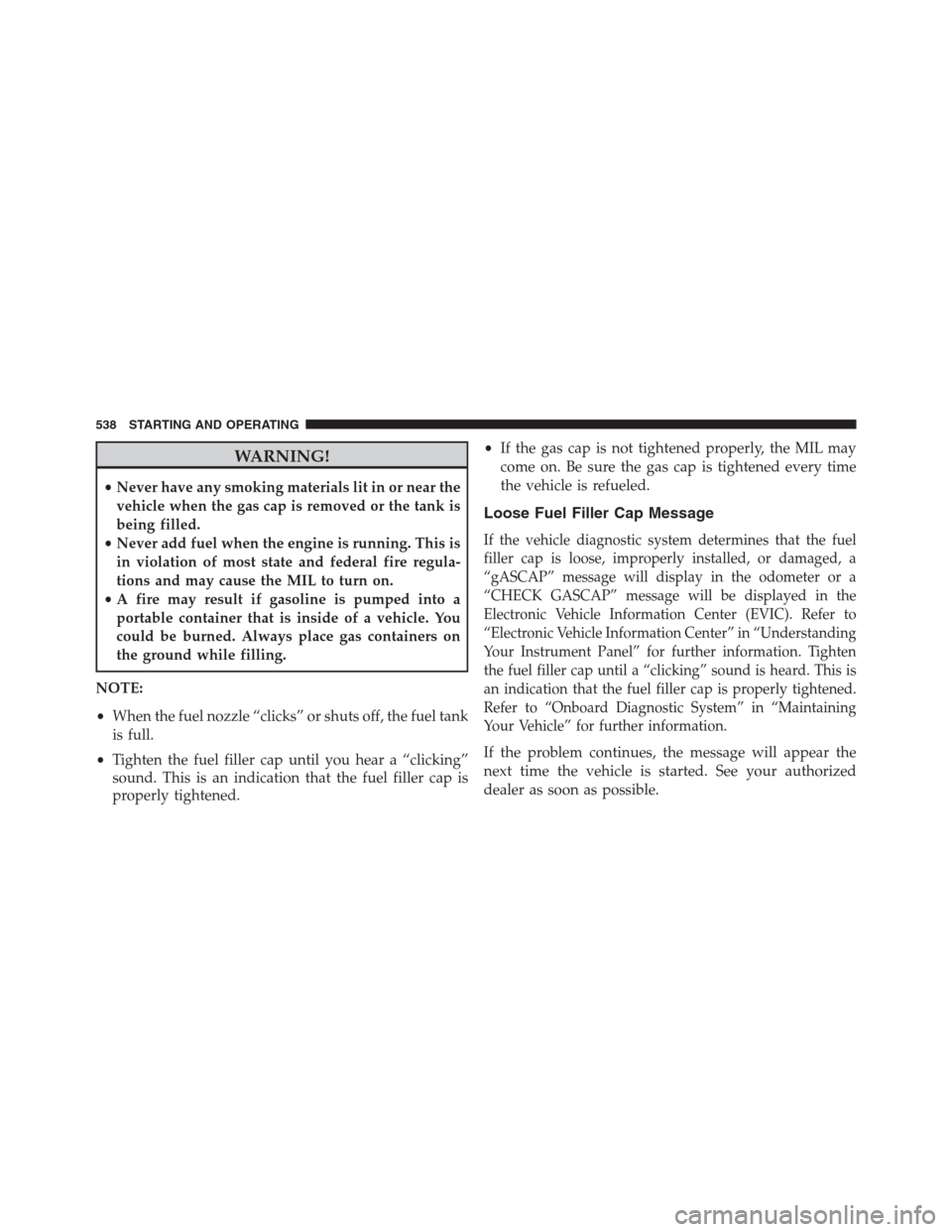 DODGE GRAND CARAVAN 2013 5.G Service Manual WARNING!
•Never have any smoking materials lit in or near the
vehicle when the gas cap is removed or the tank is
being filled.
•Never add fuel when the engine is running. This is
in violation of m