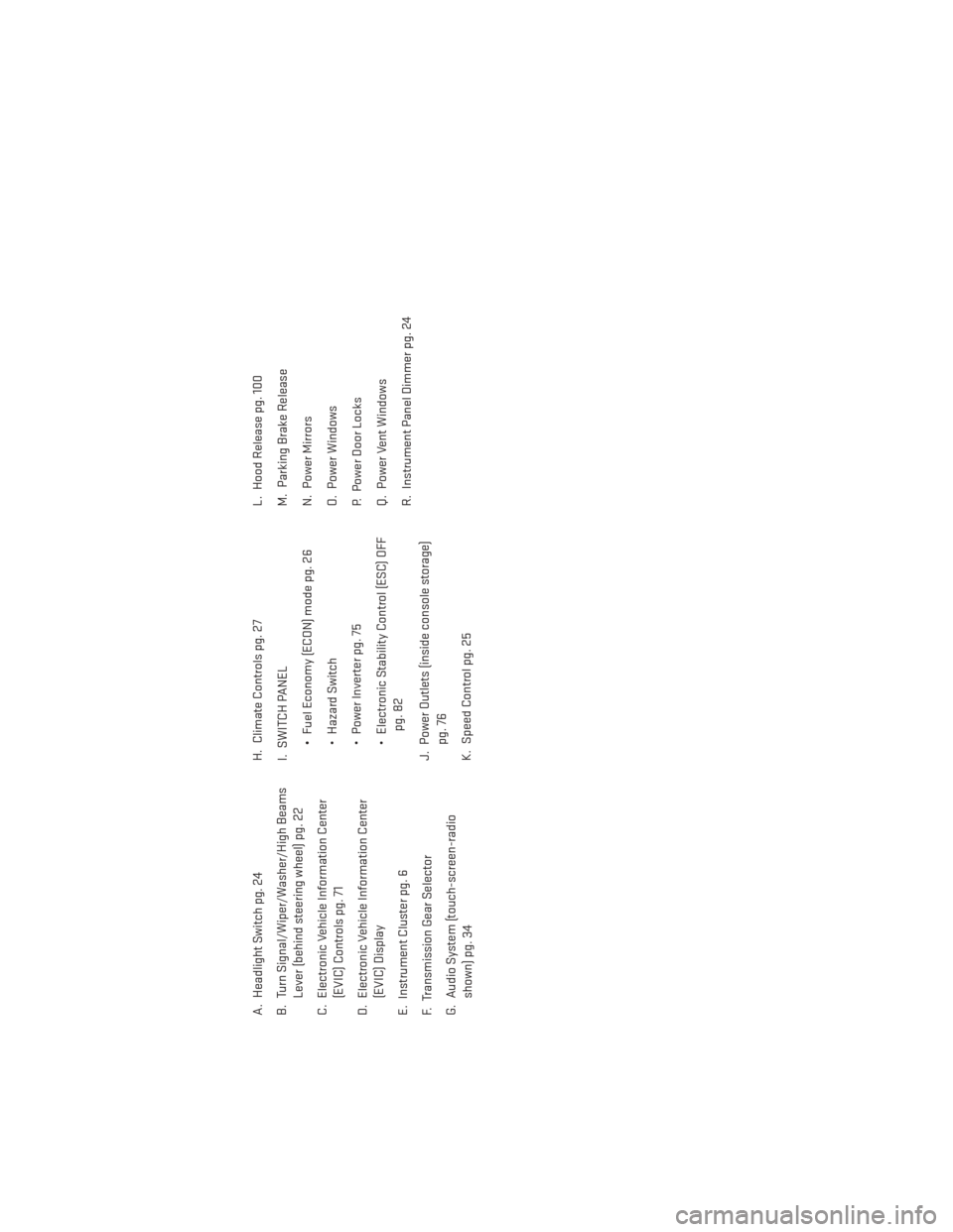 DODGE GRAND CARAVAN 2013 5.G User Guide A. Headlight Switch pg. 24
B. Turn Signal/Wiper/Washer/High BeamsLever (behind steering wheel) pg. 22
C. Electronic Vehicle Information Center (EVIC) Controls pg. 71
D. Electronic Vehicle Information 