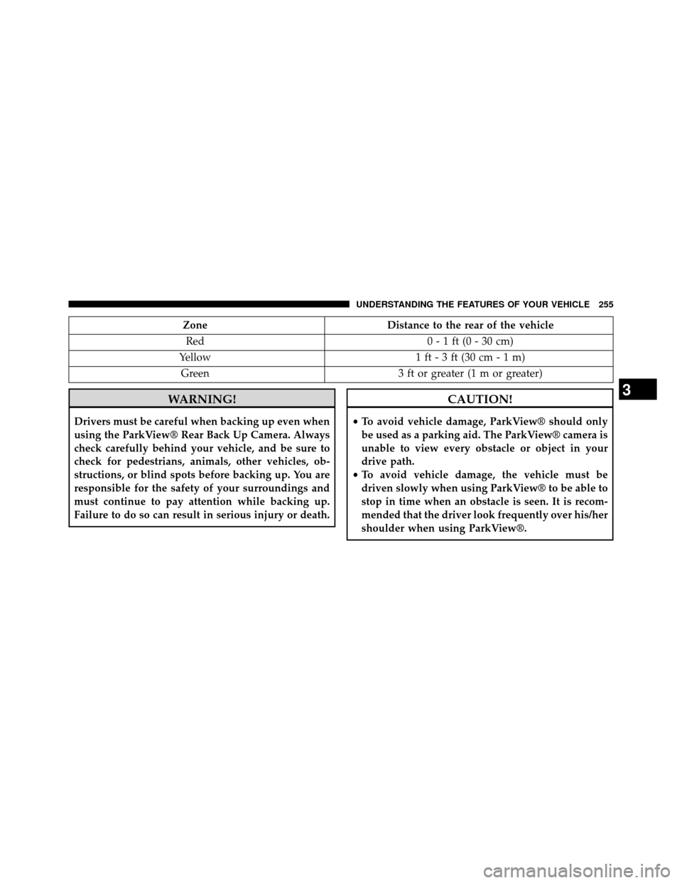 DODGE GRAND CARAVAN 2014 5.G User Guide ZoneDistance to the rear of the vehicle
Red 0-1ft(0-30cm)
Yellow 1ft-3ft(30cm-1m)
Green 3 ft or greater (1 m or greater)
WARNING!
Drivers must be careful when backing up even when
using the ParkView®