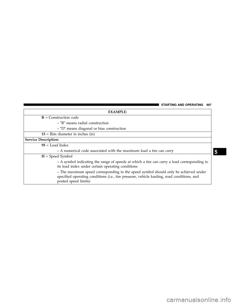 DODGE GRAND CARAVAN 2014 5.G Owners Manual EXAMPLE:
R = Construction code
–R means radial construction
– D means diagonal or bias construction
15 = Rim diameter in inches (in)
Service Description: 95= Load Index
– A numerical code as