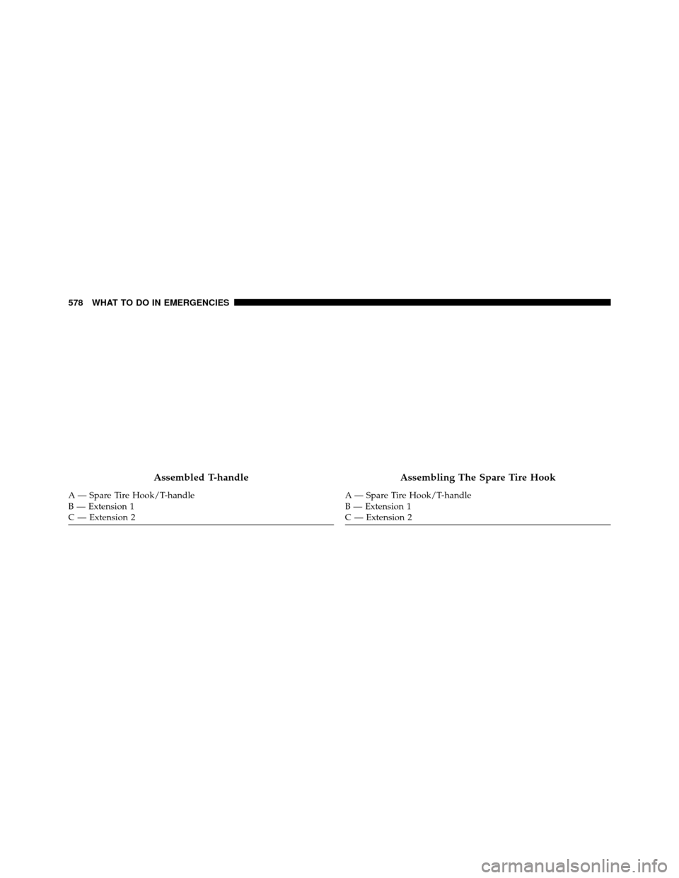 DODGE GRAND CARAVAN 2014 5.G Owners Manual Assembled T-handle
A — Spare Tire Hook/T-handle
B — Extension 1
C — Extension 2
Assembling The Spare Tire Hook
A — Spare Tire Hook/T-handle
B — Extension 1
C — Extension 2
578 WHAT TO DO I