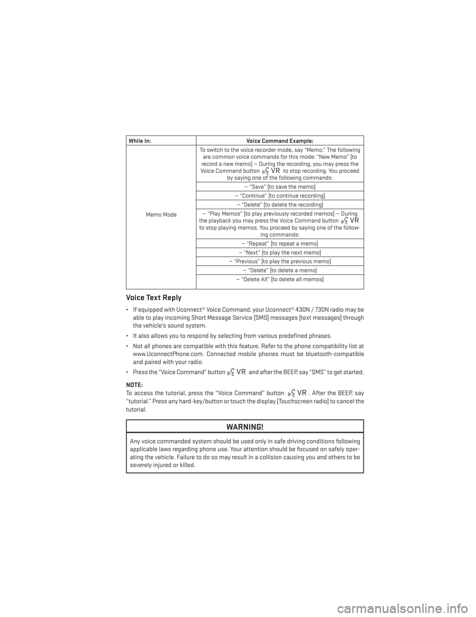DODGE GRAND CARAVAN 2014 5.G User Guide While In:Voice Command Example:
Memo Mode To switch to the voice recorder mode, say “Memo.” The following
are common voice commands for this mode: “New Memo” (to
record a new memo) — During 