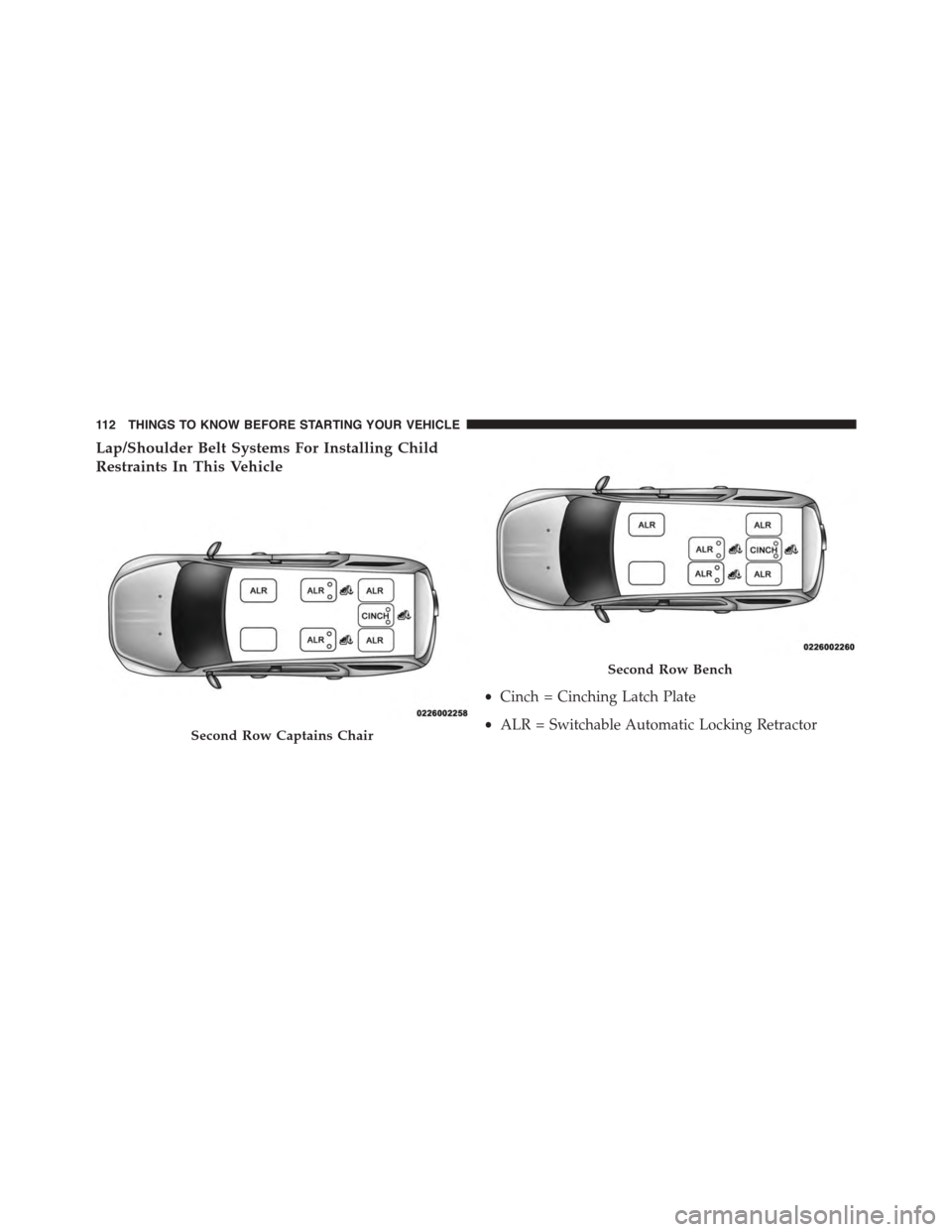 DODGE GRAND CARAVAN 2015 5.G Owners Manual Lap/Shoulder Belt Systems For Installing Child
Restraints In This Vehicle
Second Row Captains Chair
Second Row Bench
•Cinch = Cinching Latch Plate
•ALR = Switchable Automatic Locking Retractor
11 