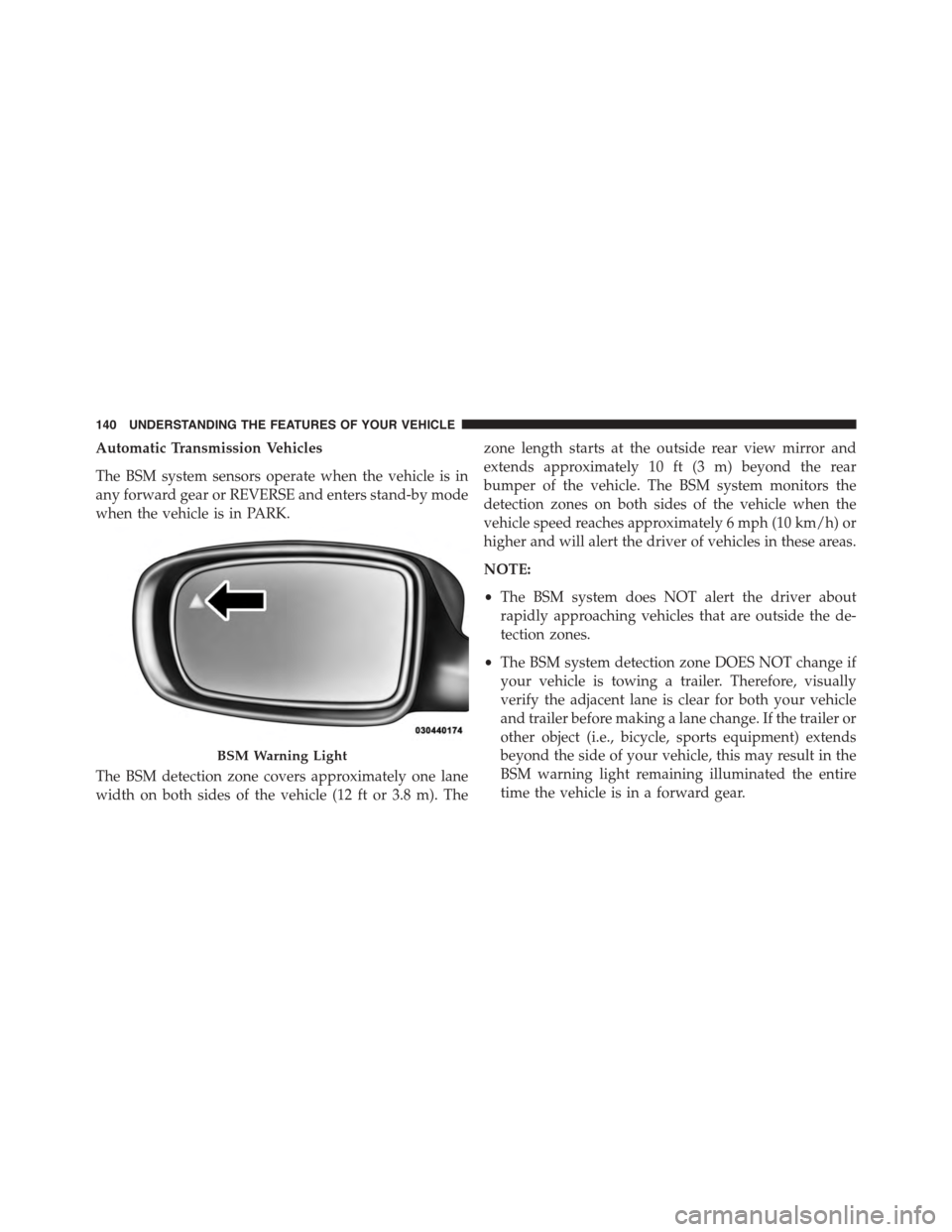 DODGE GRAND CARAVAN 2015 5.G Owners Manual Automatic Transmission Vehicles
The BSM system sensors operate when the vehicle is in
any forward gear or REVERSE and enters stand-by mode
when the vehicle is in PARK.
The BSM detection zone covers ap