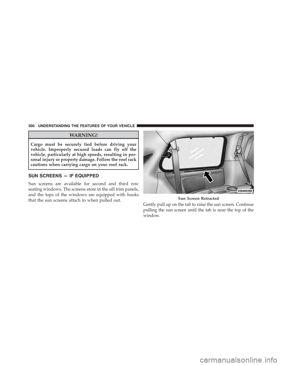 DODGE GRAND CARAVAN 2015 5.G Owners Manual WARNING!
Cargo must be securely tied before driving your
vehicle. Improperly secured loads can fly off the
vehicle, particularly at high speeds, resulting in per-
sonal injury or property damage. Foll