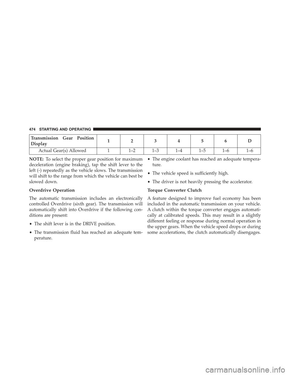 DODGE GRAND CARAVAN 2015 5.G Owners Manual Transmission Gear Position
Display123456D
Actual Gear(s) Allowed 1 1–2 1–3 1–4 1–5 1–6 1–6
NOTE:To select the proper gear position for maximum
deceleration (engine braking), tap the shift 