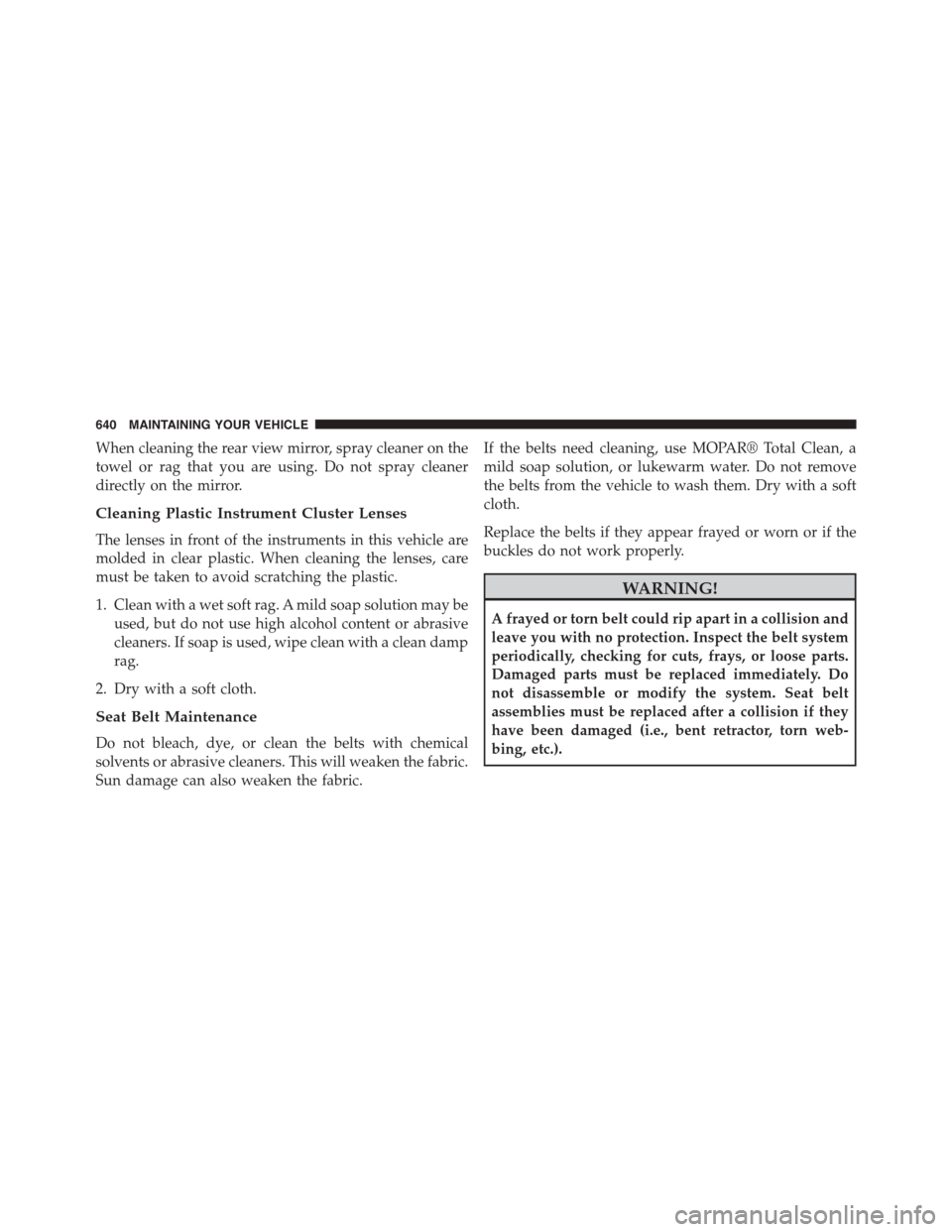 DODGE GRAND CARAVAN 2015 5.G Owners Manual When cleaning the rear view mirror, spray cleaner on the
towel or rag that you are using. Do not spray cleaner
directly on the mirror.
Cleaning Plastic Instrument Cluster Lenses
The lenses in front of