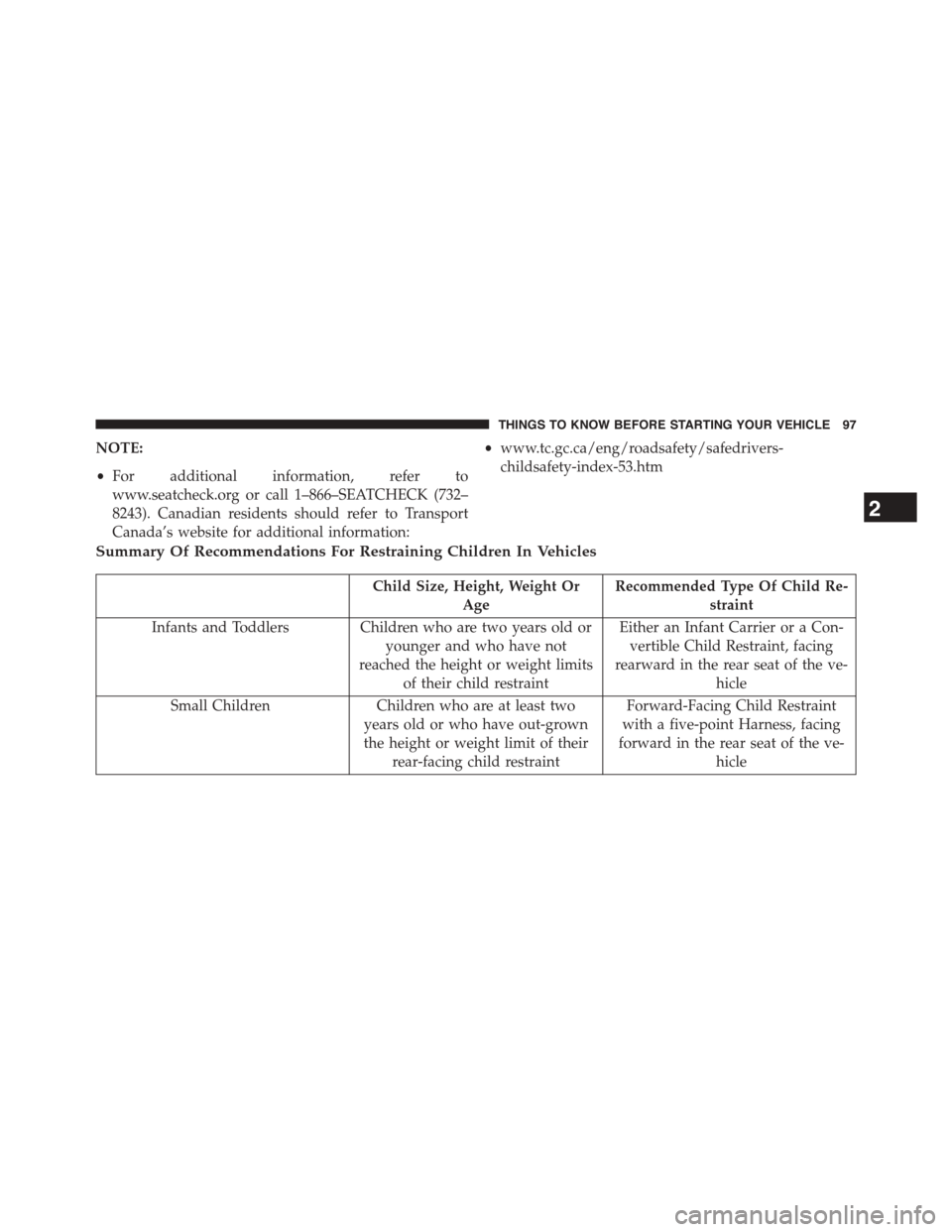 DODGE GRAND CARAVAN 2015 5.G Owners Manual NOTE:
•For additional information, refer to
www.seatcheck.org or call 1–866–SEATCHECK (732–
8243). Canadian residents should refer to Transport
Canada’s website for additional information:
