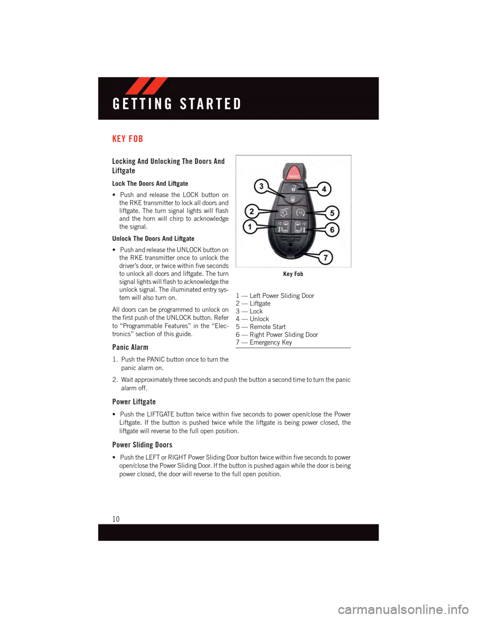 DODGE GRAND CARAVAN 2015 5.G User Guide KEY FOB
Locking And Unlocking The Doors And
Liftgate
Lock The Doors And Liftgate
•PushandreleasetheLOCKbuttonon
the RKE transmitter to lock all doors and
liftgate. The turn signal lights will flash
DODGE GRAND CARAVAN 2015 5.G User Guide KEY FOB
Locking And Unlocking The Doors And
Liftgate
Lock The Doors And Liftgate
•PushandreleasetheLOCKbuttonon
the RKE transmitter to lock all doors and
liftgate. The turn signal lights will flash