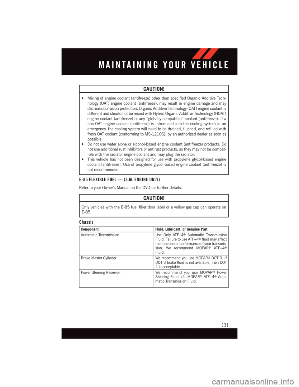 DODGE GRAND CARAVAN 2015 5.G Owners Manual CAUTION!
•Mixingofenginecoolant(antifreeze)otherthanspecifiedOrganicAdditiveTech-
nology (OAT) engine coolant (antifreeze), may result in engine damage and may
decrease corrosion protection. Organic DODGE GRAND CARAVAN 2015 5.G Owners Manual CAUTION!
•Mixingofenginecoolant(antifreeze)otherthanspecifiedOrganicAdditiveTech-
nology (OAT) engine coolant (antifreeze), may result in engine damage and may
decrease corrosion protection. Organic