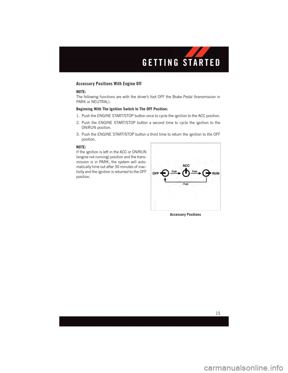 DODGE GRAND CARAVAN 2015 5.G User Guide Accessory Positions With Engine Off
NOTE:
The following functions are with the driver’s foot OFF the Brake Pedal (transmission in
PA R K o r N E U T R A L ) .
Beginning With The Ignition Switch In T DODGE GRAND CARAVAN 2015 5.G User Guide Accessory Positions With Engine Off
NOTE:
The following functions are with the driver’s foot OFF the Brake Pedal (transmission in
PA R K o r N E U T R A L ) .
Beginning With The Ignition Switch In T