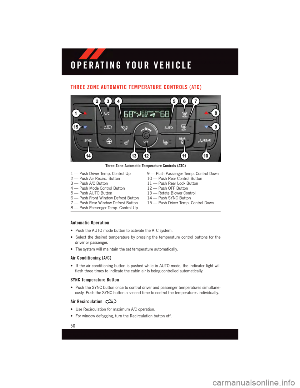 DODGE GRAND CARAVAN 2015 5.G User Guide THREE ZONE AUTOMATIC TEMPERATURE CONTROLS (ATC)
Automatic Operation
•PushtheAUTOmodebuttontoactivatetheATCsystem.
•Selectthedesiredtemperaturebypressingthetemperaturecontrolbuttonsforthe
driver or DODGE GRAND CARAVAN 2015 5.G User Guide THREE ZONE AUTOMATIC TEMPERATURE CONTROLS (ATC)
Automatic Operation
•PushtheAUTOmodebuttontoactivatetheATCsystem.
•Selectthedesiredtemperaturebypressingthetemperaturecontrolbuttonsforthe
driver or