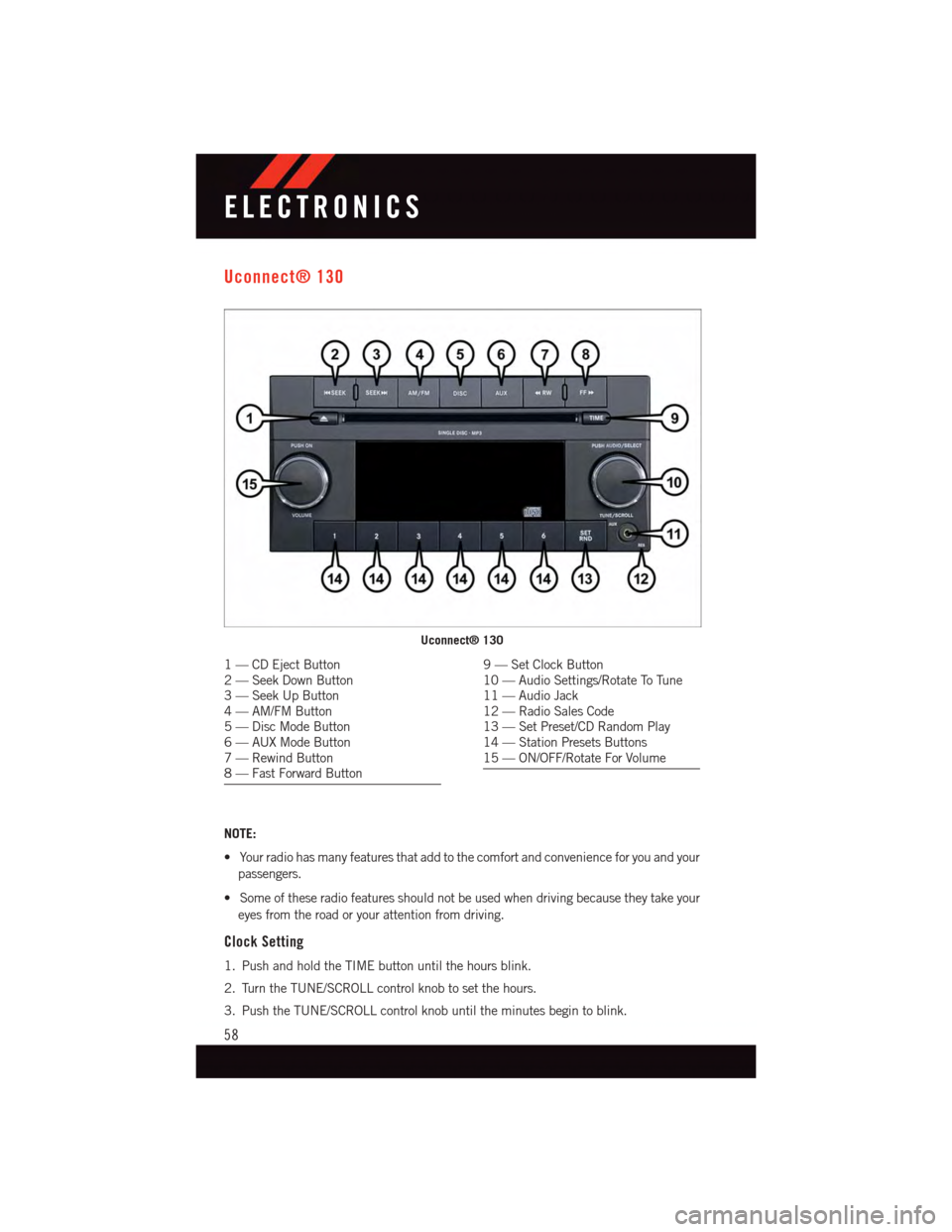 DODGE GRAND CARAVAN 2015 5.G User Guide Uconnect® 130
NOTE:
•Yourradiohasmanyfeaturesthataddtothecomfortandconvenienceforyouandyour
passengers.
•Someoftheseradiofeaturesshouldnotbeusedwhendrivingbecausetheytakeyour
eyes from the road o DODGE GRAND CARAVAN 2015 5.G User Guide Uconnect® 130
NOTE:
•Yourradiohasmanyfeaturesthataddtothecomfortandconvenienceforyouandyour
passengers.
•Someoftheseradiofeaturesshouldnotbeusedwhendrivingbecausetheytakeyour
eyes from the road o