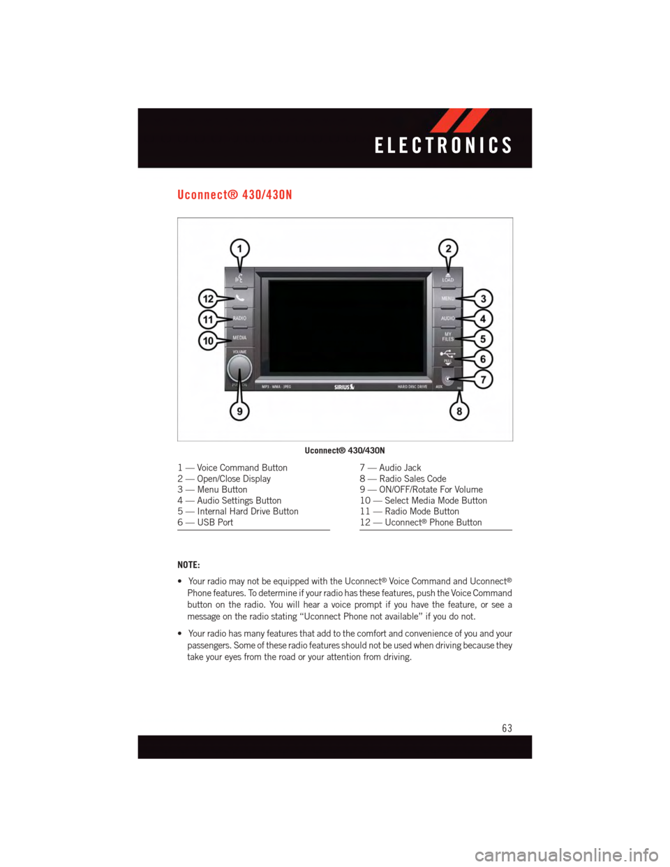 DODGE GRAND CARAVAN 2015 5.G Owners Manual Uconnect® 430/430N
NOTE:
•YourradiomaynotbeequippedwiththeUconnect®Voice Command and Uconnect®
Phone features. To determine if your radio has these features, push the Voice Command
button on the DODGE GRAND CARAVAN 2015 5.G Owners Manual Uconnect® 430/430N
NOTE:
•YourradiomaynotbeequippedwiththeUconnect®Voice Command and Uconnect®
Phone features. To determine if your radio has these features, push the Voice Command
button on the