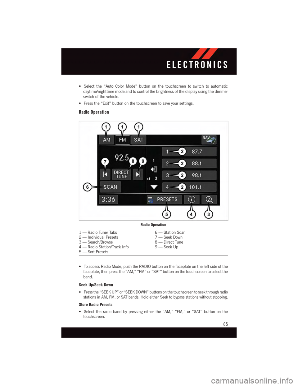 DODGE GRAND CARAVAN 2015 5.G Owners Manual •Selectthe“AutoColorMode”buttononthetouchscreentoswitchtoautomatic
daytime/nighttime mode and to control the brightness of the display using the dimmer
switch of the vehicle.
•Pressthe“Exit DODGE GRAND CARAVAN 2015 5.G Owners Manual •Selectthe“AutoColorMode”buttononthetouchscreentoswitchtoautomatic
daytime/nighttime mode and to control the brightness of the display using the dimmer
switch of the vehicle.
•Pressthe“Exit