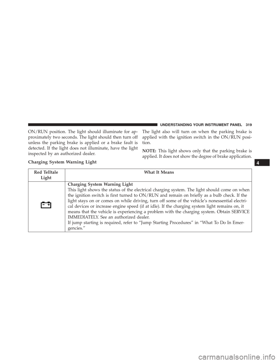 DODGE GRAND CARAVAN 2016 5.G Owners Manual ON/RUN position. The light should illuminate for ap-
proximately two seconds. The light should then turn off
unless the parking brake is applied or a brake fault is
detected. If the light does not ill