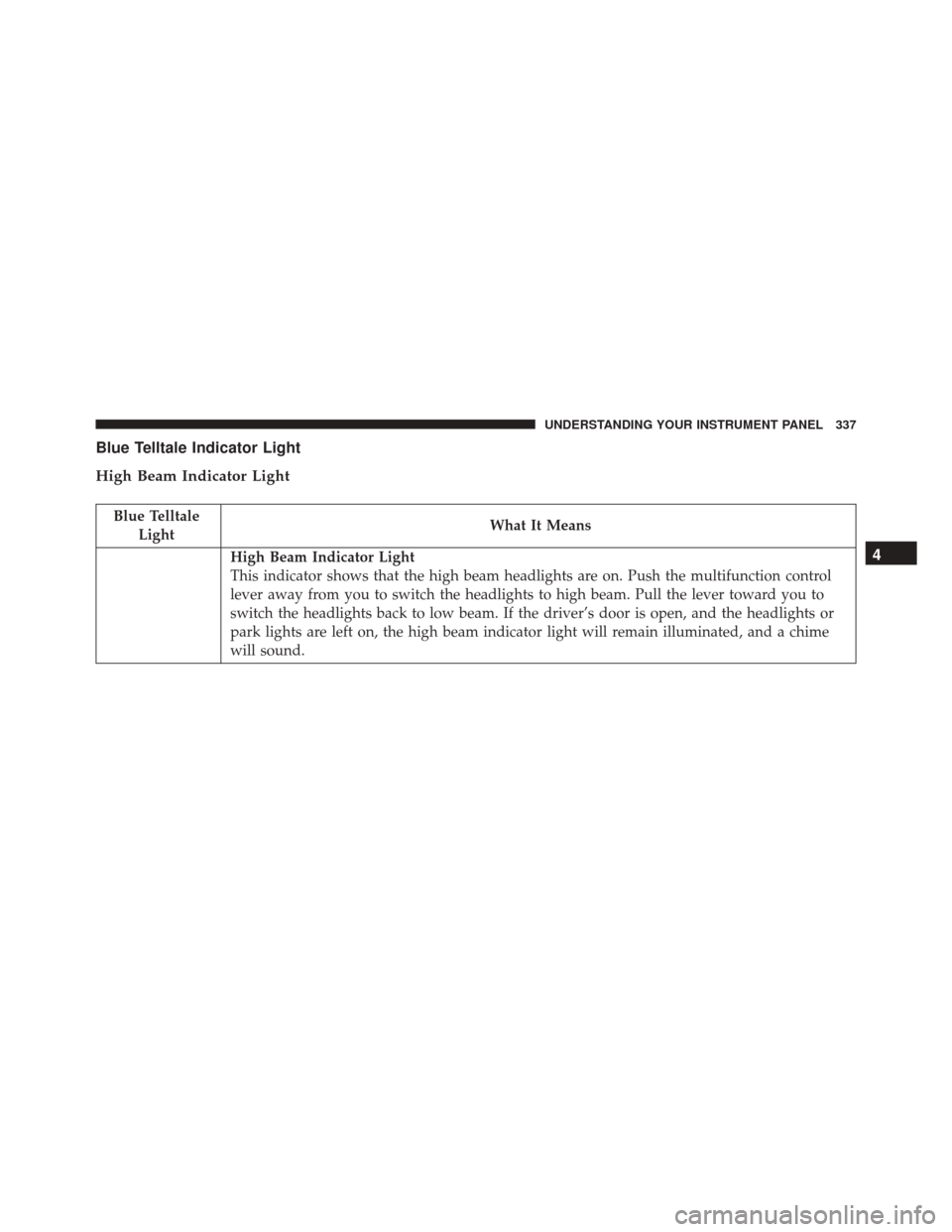 DODGE GRAND CARAVAN 2016 5.G Owners Manual Blue Telltale Indicator Light
High Beam Indicator Light
Blue TelltaleLight What It Means
High Beam Indicator Light
This indicator shows that the high beam headlights are on. Push the multifunction con