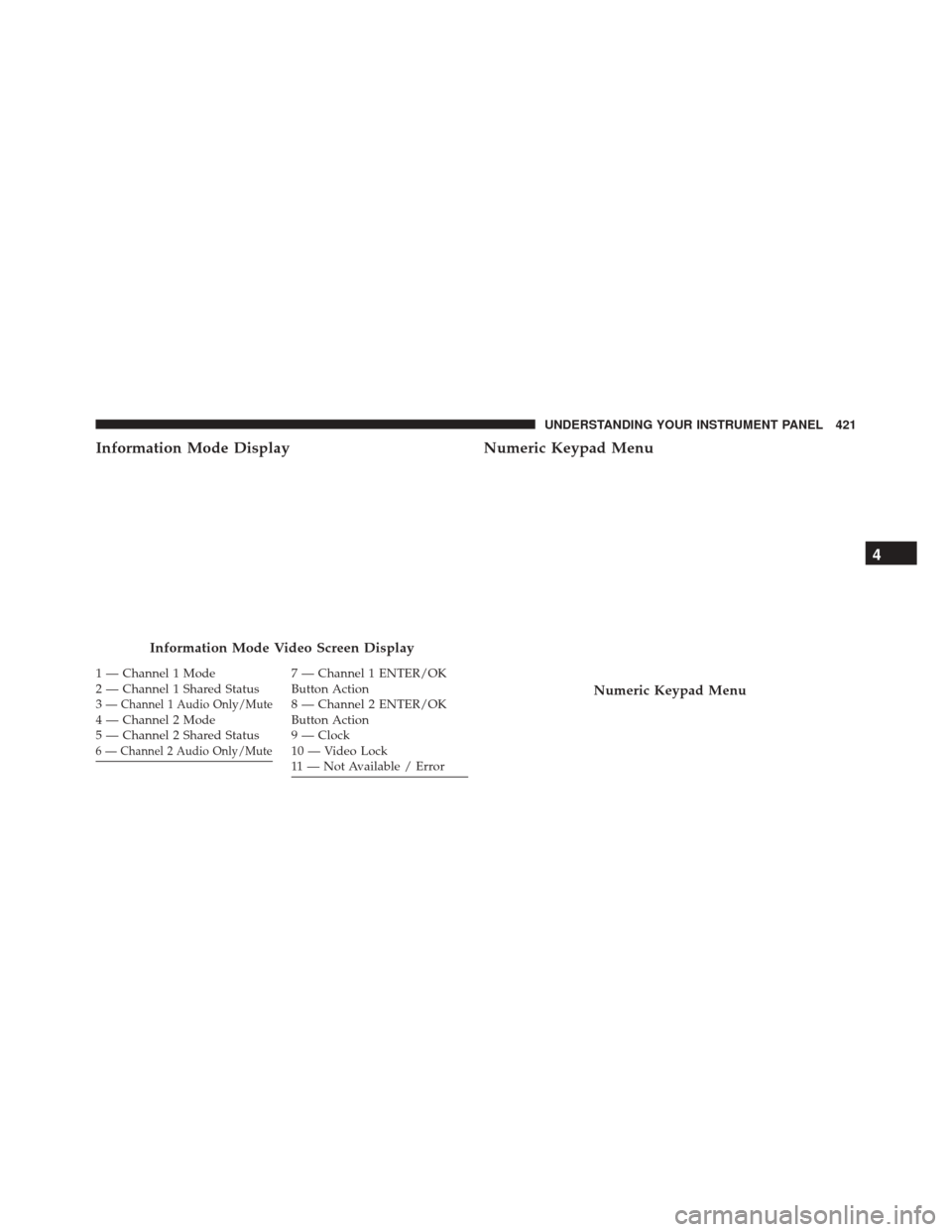 DODGE GRAND CARAVAN 2016 5.G Owners Manual Information Mode DisplayNumeric Keypad Menu
Information Mode Video Screen Display
1 — Channel 1 Mode
2 — Channel 1 Shared Status
3
— Channel 1 Audio Only/Mute4 — Channel 2 Mode
5 — Channel 2