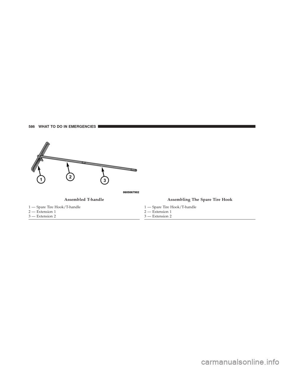 DODGE GRAND CARAVAN 2016 5.G Owners Manual Assembled T-handle
1 — Spare Tire Hook/T-handle
2 — Extension 1
3 — Extension 2
Assembling The Spare Tire Hook
1 — Spare Tire Hook/T-handle
2 — Extension 1
3 — Extension 2
586 WHAT TO DO I