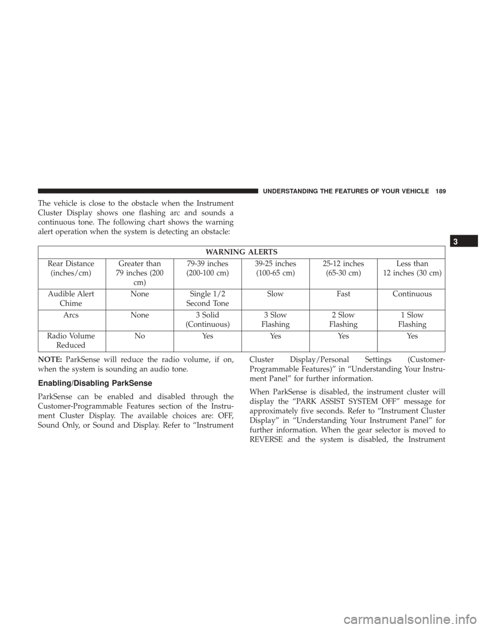 DODGE GRAND CARAVAN 2017 5.G Owners Manual The vehicle is close to the obstacle when the Instrument
Cluster Display shows one flashing arc and sounds a
continuous tone. The following chart shows the warning
alert operation when the system is d DODGE GRAND CARAVAN 2017 5.G Owners Manual The vehicle is close to the obstacle when the Instrument
Cluster Display shows one flashing arc and sounds a
continuous tone. The following chart shows the warning
alert operation when the system is d