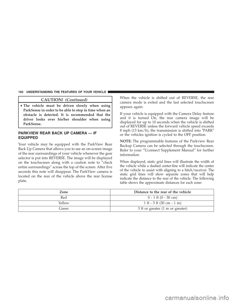 DODGE GRAND CARAVAN 2017 5.G Owners Manual CAUTION!(Continued)
•The vehicle must be driven slowly when using
ParkSense in order to be able to stop in time when an
obstacle is detected. It is recommended that the
driver looks over his/her sho DODGE GRAND CARAVAN 2017 5.G Owners Manual CAUTION!(Continued)
•The vehicle must be driven slowly when using
ParkSense in order to be able to stop in time when an
obstacle is detected. It is recommended that the
driver looks over his/her sho