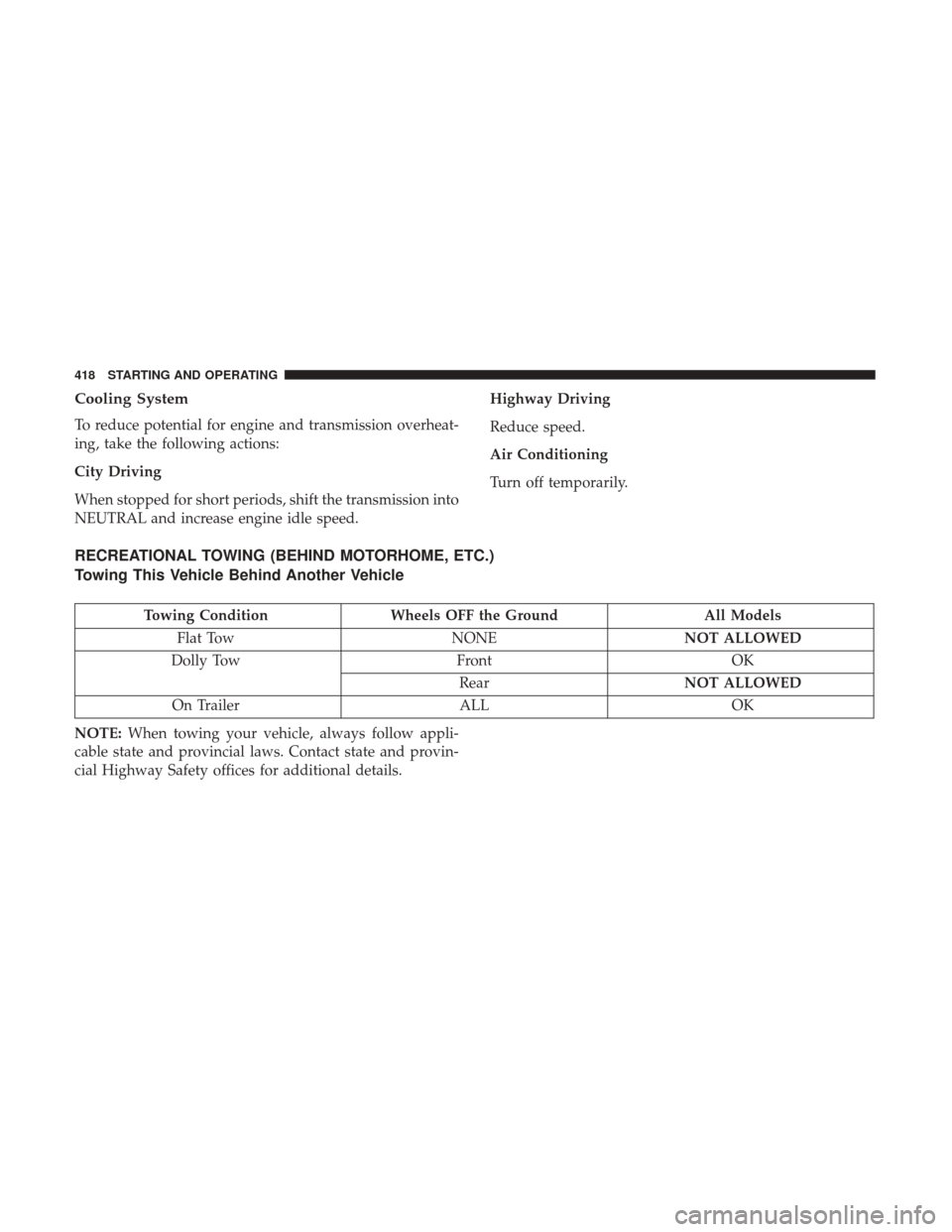 DODGE GRAND CARAVAN 2017 5.G Owners Manual Cooling System
To reduce potential for engine and transmission overheat-
ing, take the following actions:
City Driving
When stopped for short periods, shift the transmission into
NEUTRAL and increase DODGE GRAND CARAVAN 2017 5.G Owners Manual Cooling System
To reduce potential for engine and transmission overheat-
ing, take the following actions:
City Driving
When stopped for short periods, shift the transmission into
NEUTRAL and increase